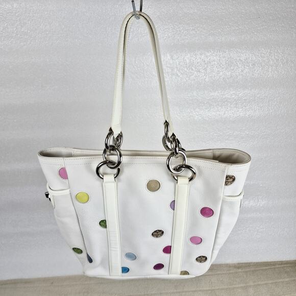 Limited Coach White Leather Multicolor Polka Dot Tote Bag 12676 Shoulder Purse - Picture 3 of 13